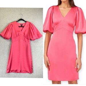 Halogen Pink Satin Dress Size XS Puff Sleeve V-neck Short Dress‎ Feminine Dainty